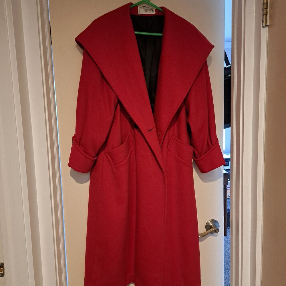 Heavy red hooded wool coat